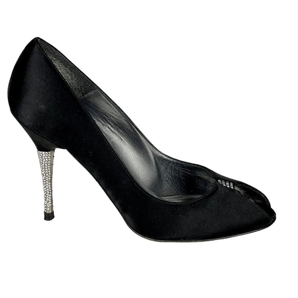 STUART WEITZMAN CW98017 BLACK SATIN CRYSTAL PEEP TOE PUMP EVENING HEELS - Picture 2 of 14